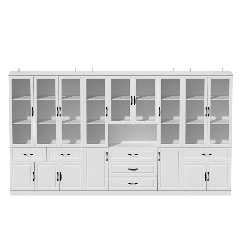 Large White Buffet Elegant Kitchen Cabinet with Glass Doors Dislplay