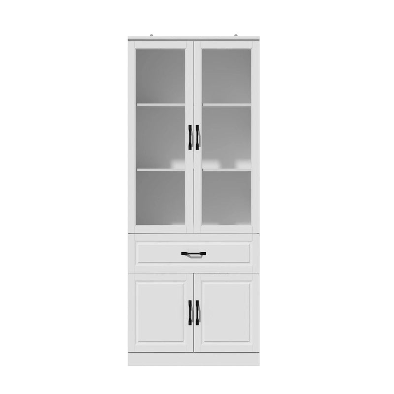 Large White Buffet Elegant Kitchen Cabinet with Glass Doors Dislplay