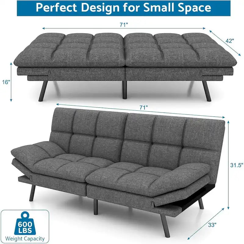 Sofa Bed, Memory Foam Foldable Couch Convertible Loveseat Sleeper Daybed with Adjustable Armrests for Small Space