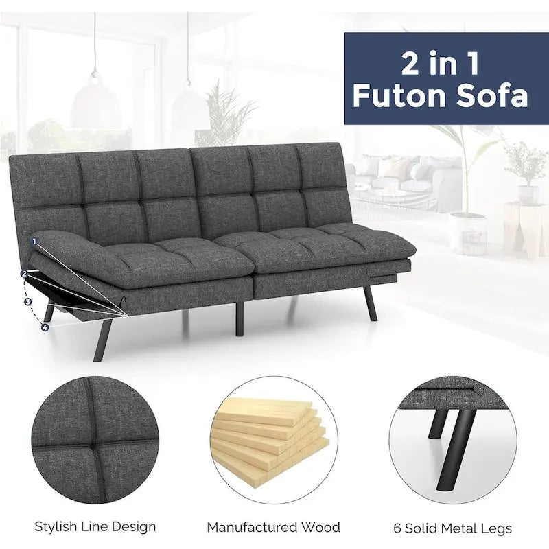 Sofa Bed, Memory Foam Foldable Couch Convertible Loveseat Sleeper Daybed with Adjustable Armrests for Small Space