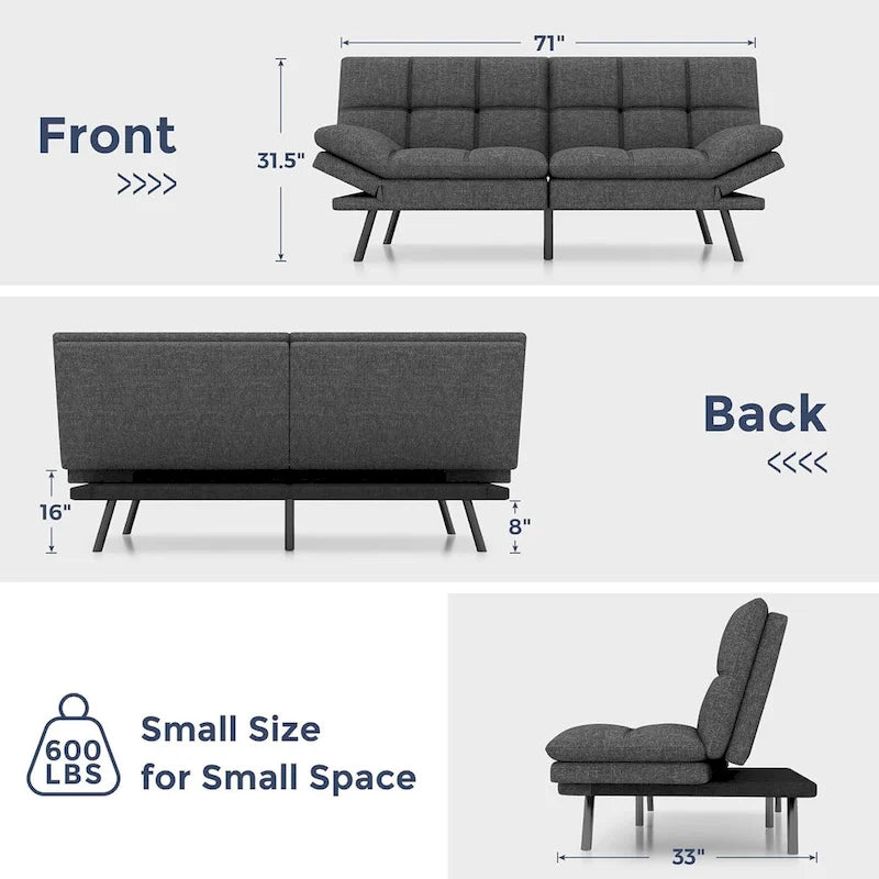 Sofa Bed, Memory Foam Foldable Couch Convertible Loveseat Sleeper Daybed with Adjustable Armrests for Small Space