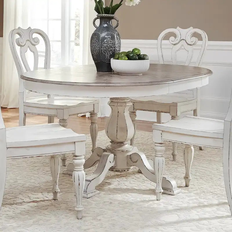 Round Pedestal Dining Table with Expandable Leaves - 2 Finishes