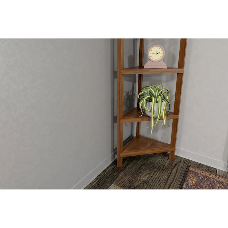 Tall Wood Corner Bookcase with 4 Shelves, Walnut