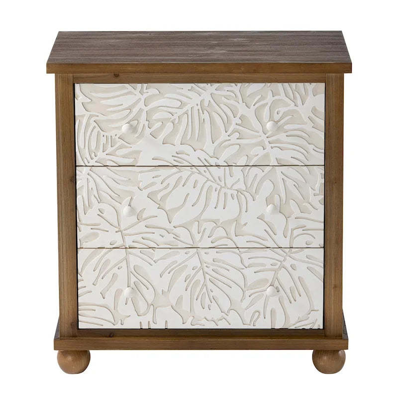 Rustic Farmhouse 3-Drawer Nightstand with Leaves Pattern Carved, Vintage French Country Dresser Chest Accent Cabinet