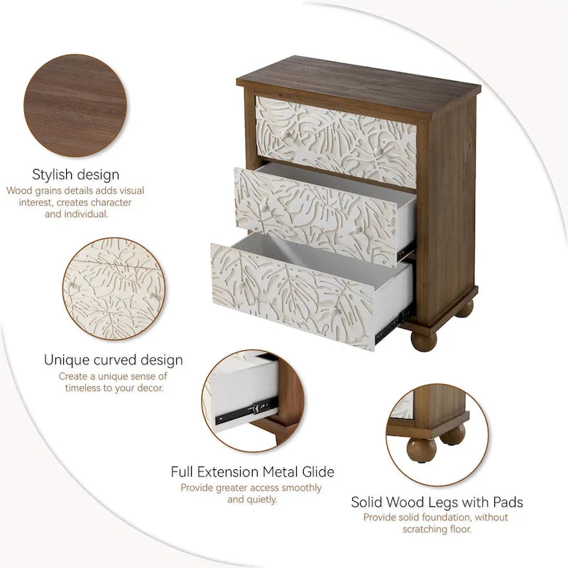 Rustic Farmhouse 3-Drawer Nightstand with Leaves Pattern Carved, Vintage French Country Dresser Chest Accent Cabinet