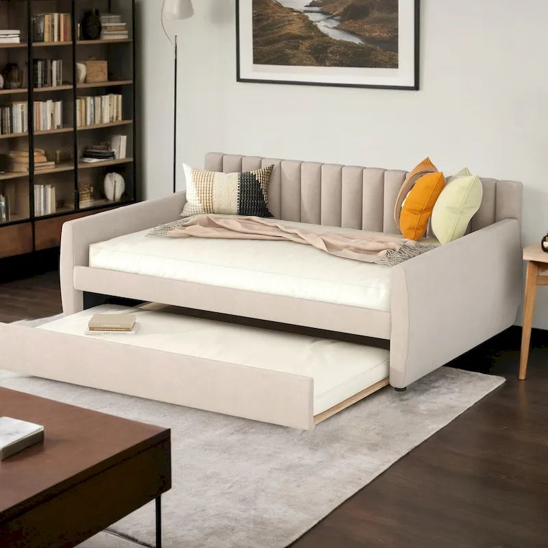 Full Size Upholstered Daybed with Trundle and Wood Slat Support