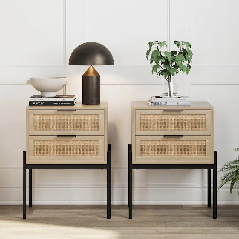 Rattan End Side Table Storage Doors Gold Accents