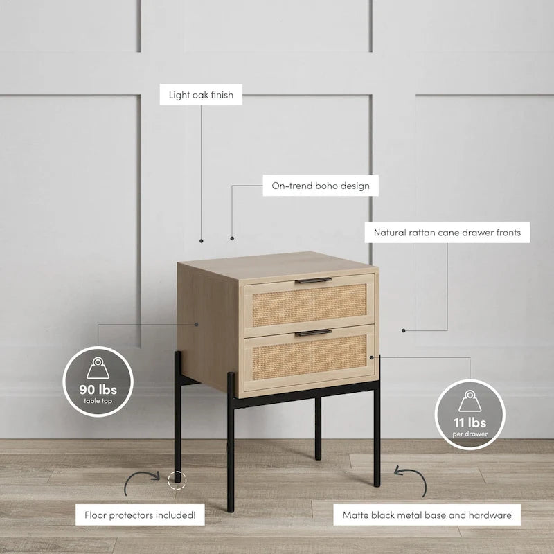 Rattan End Side Table Storage Doors Gold Accents