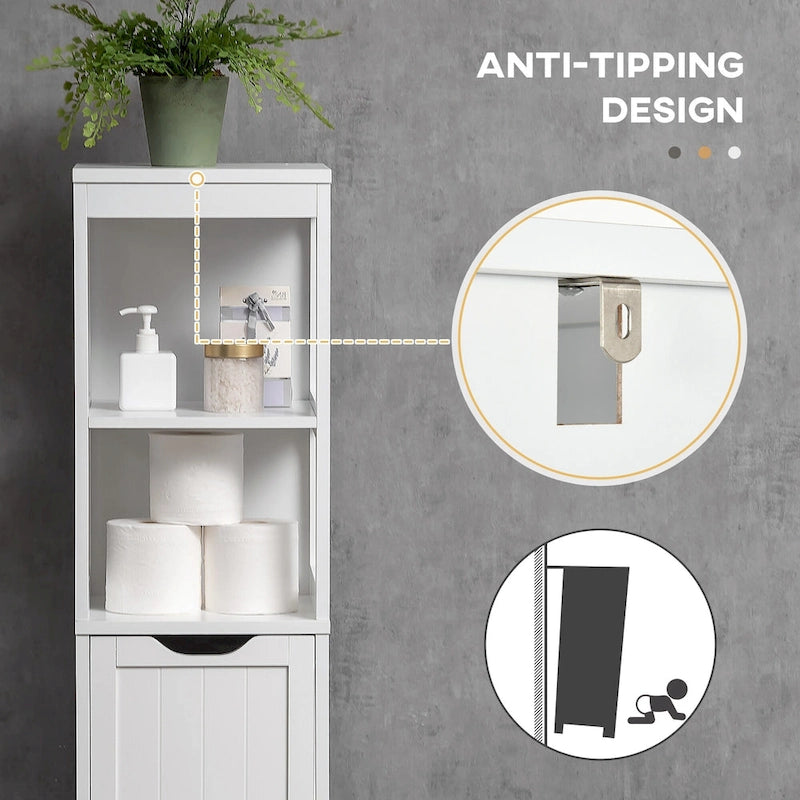 Narrow Bathroom Cabinet with 3 Drawers and 2 Tier Shelf, Tall Cupboard Freestanding Linen Tower, Slim Corner Organizer