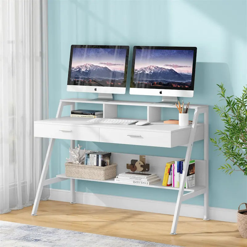 Computer Desk with Drawers and Storage Monitor Hutch Shelf, Office Writing Desk with Shelves