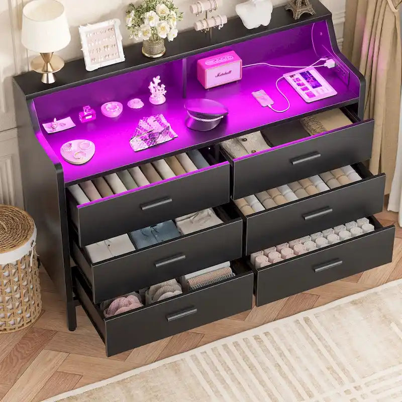 Dresser with Charge Station and LED Light, Chest of Drawers Closet Organizer with 6 Drawers