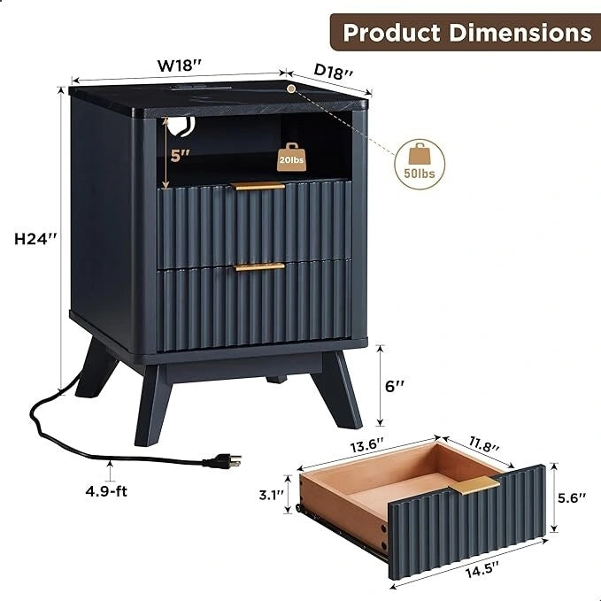Modern Fluted Nightstand with Faux Marble Top, Side Table, End Table