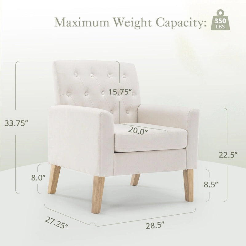 Modern Upholstered Accent Chair Linen Fabric Button Tufted Armchair with Solid Wood Frame - 28.5 W X 27.25 D X 33.75 H