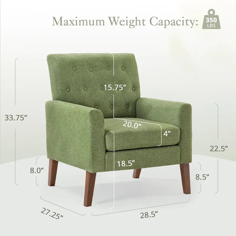 Modern Upholstered Accent Chair Linen Fabric Button Tufted Armchair with Solid Wood Frame - 28.5 W X 27.25 D X 33.75 H