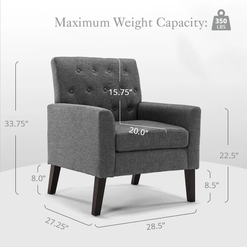 Modern Upholstered Accent Chair Linen Fabric Button Tufted Armchair with Solid Wood Frame - 28.5 W X 27.25 D X 33.75 H