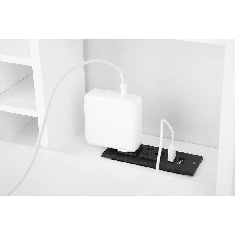 Collapsible Fold Down Desk Table with Storage Cabinet & Shelves, Computer Desk Storage with USB Charging, White