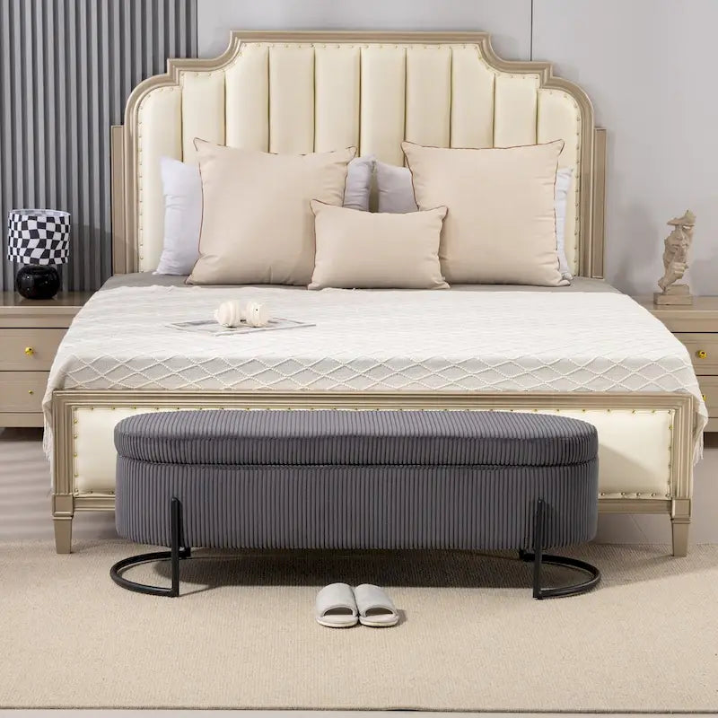 Woven storage Bench with safety hinges, End Bench for Living Room & Bedroom