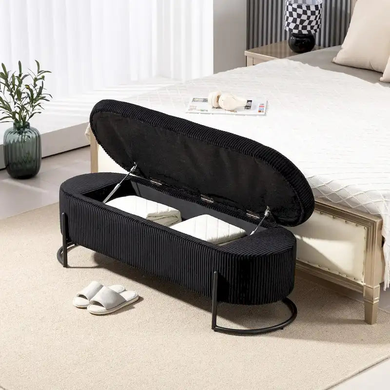 Woven storage Bench with safety hinges, End Bench for Living Room & Bedroom