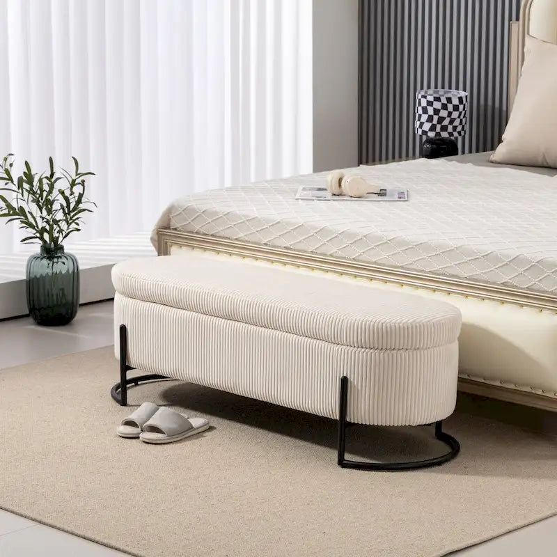 Woven storage Bench with safety hinges, End Bench for Living Room & Bedroom